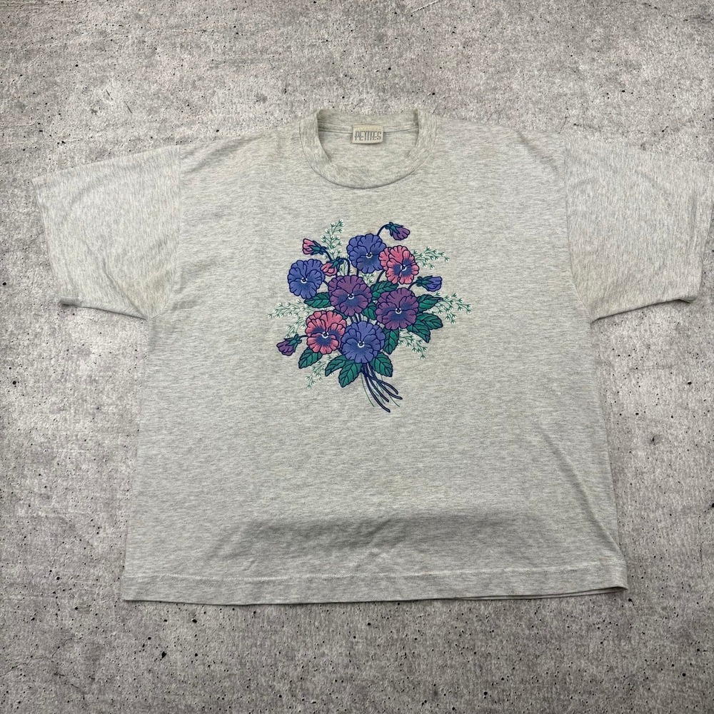 Just For Petites Y2K Gray Floral Graphic Semi Cropped Tee Womens XL ? Whimsy